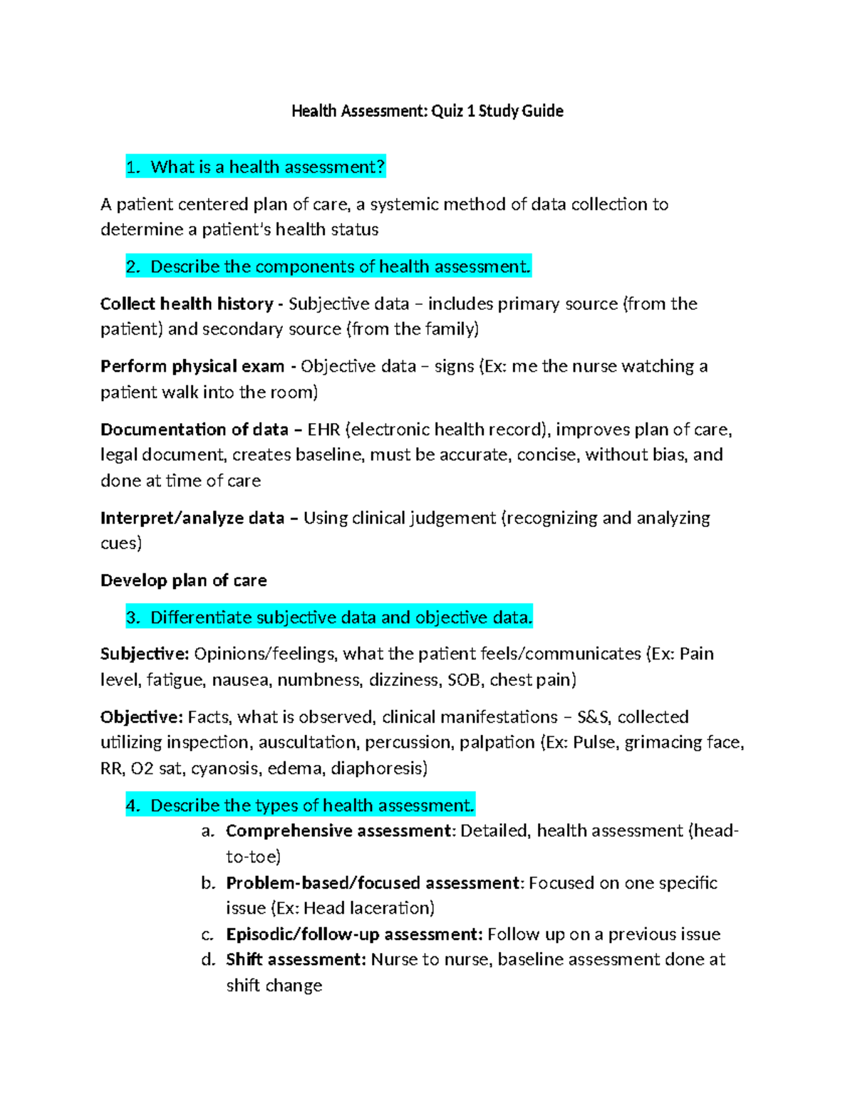 Health Assessment: Quiz 1 Study Guide for Nursing 101 Students - Studocu