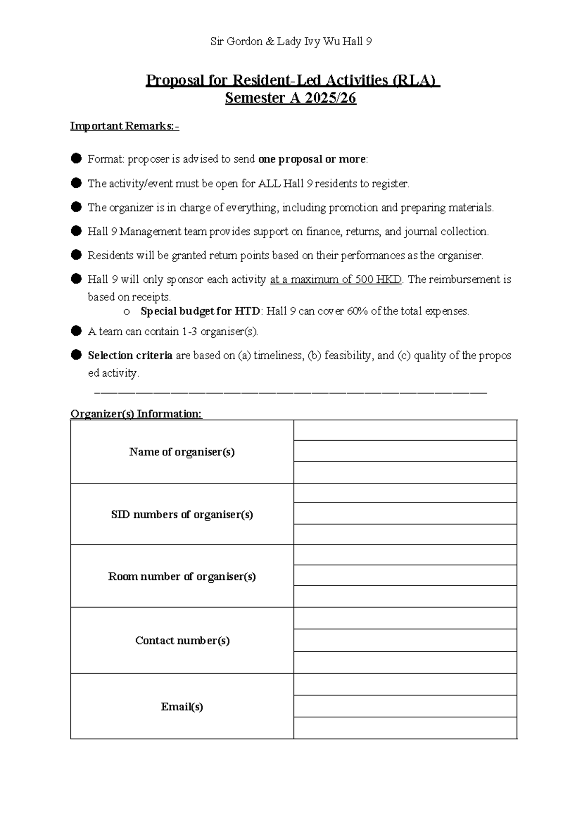Hall 9 RLA Activity Proposal Template - Semester A - Studocu