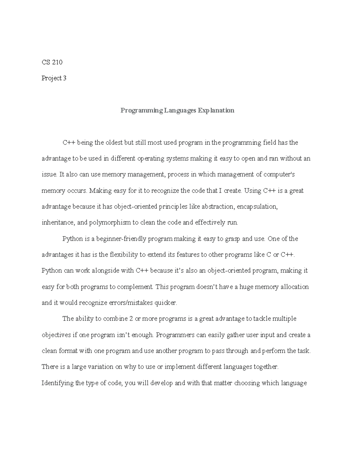 Programingexplanation - CS 210 Project 3 Programming Languages ...