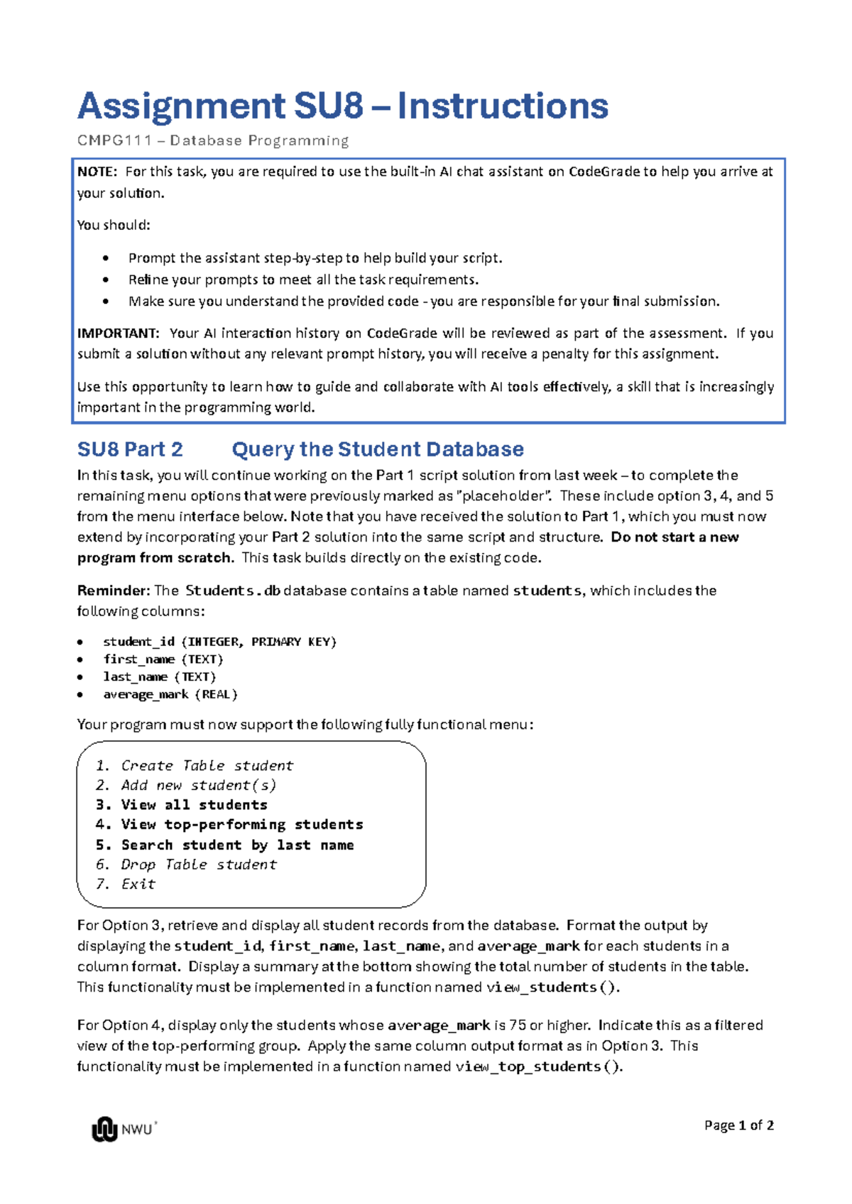 Assignment SU8-2: Database Programming Task Instructions - Studocu