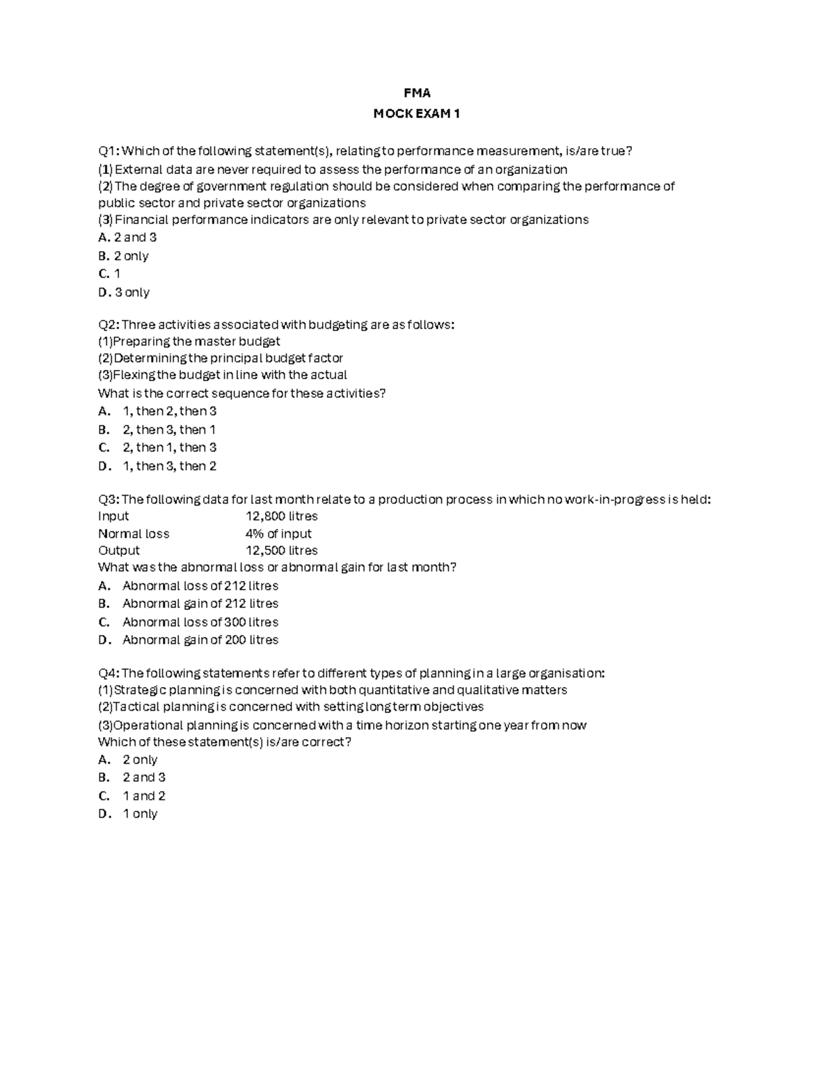 FMA F2 Mock Exam 1: Performance Measurement & Budgeting Questions - Studocu