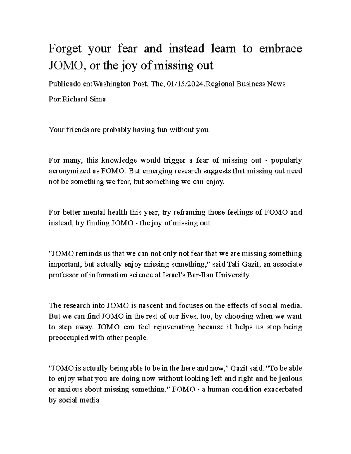 JOMO: Embracing the Joy of Missing Out - Article 7 - Studocu