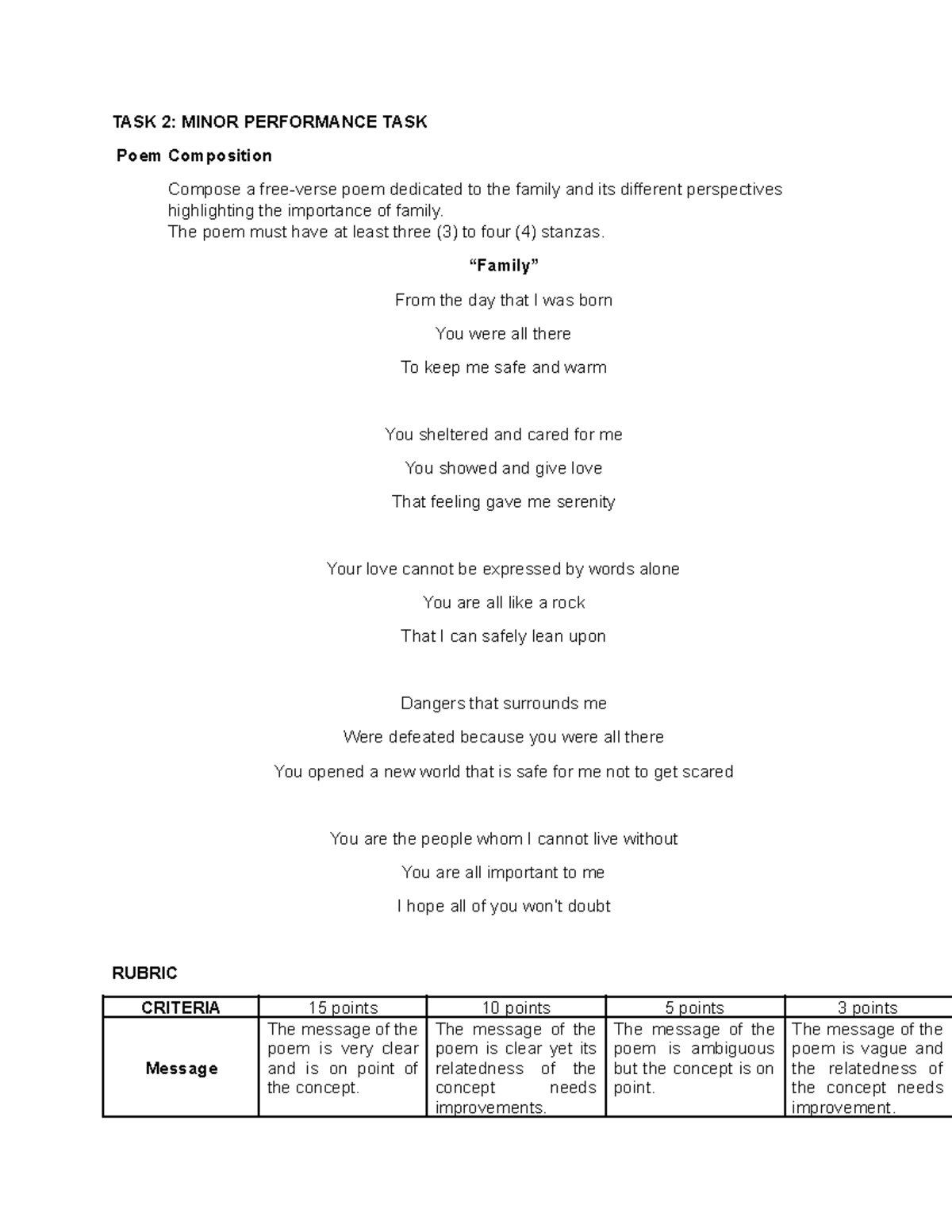 UCSP Mini Performance Task: Poem on Family Perspectives - Studocu