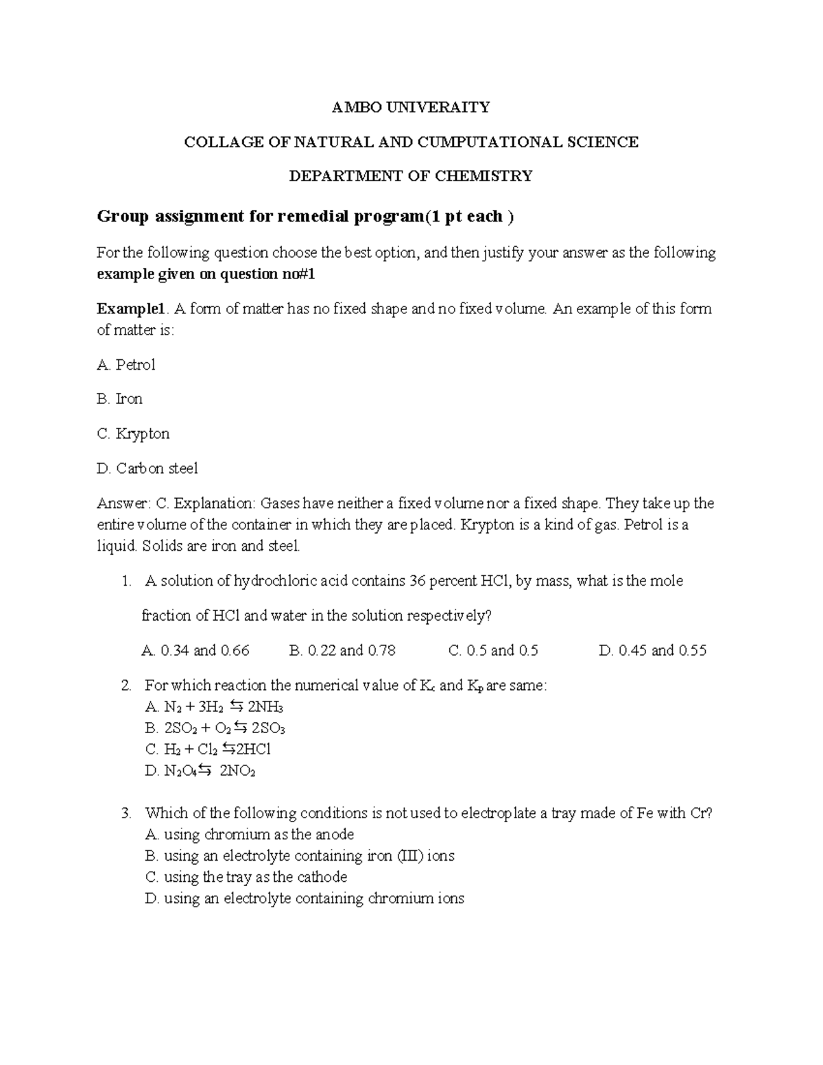 2016 Remedial Assignment on Chemistry - Group Work Guide - Studocu