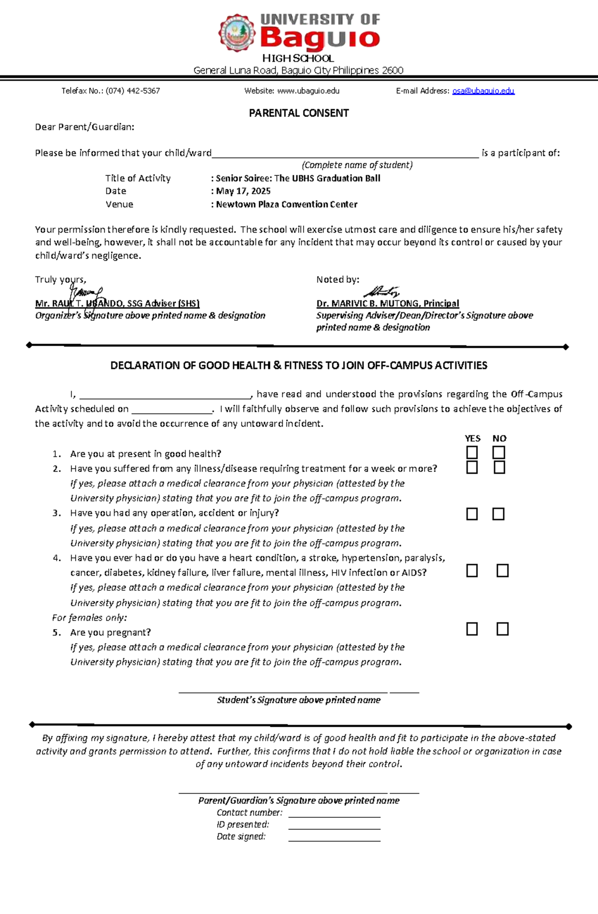 Parental Consent for Senior Soiree 2025 - UBHS Event - Studocu