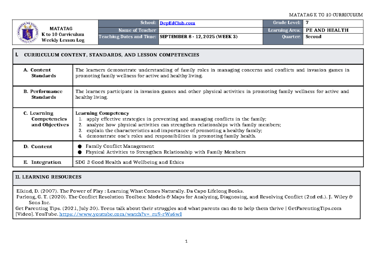 MATATAG K to 10 Curriculum: PE & Health Grade 7 Weekly Lesson Log (Q2 ...