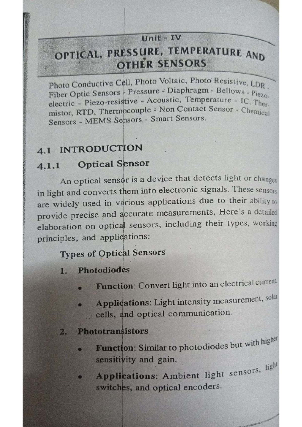Unit IV: Optical, Pressure, Temperature & Other Sensors - Notes - Studocu