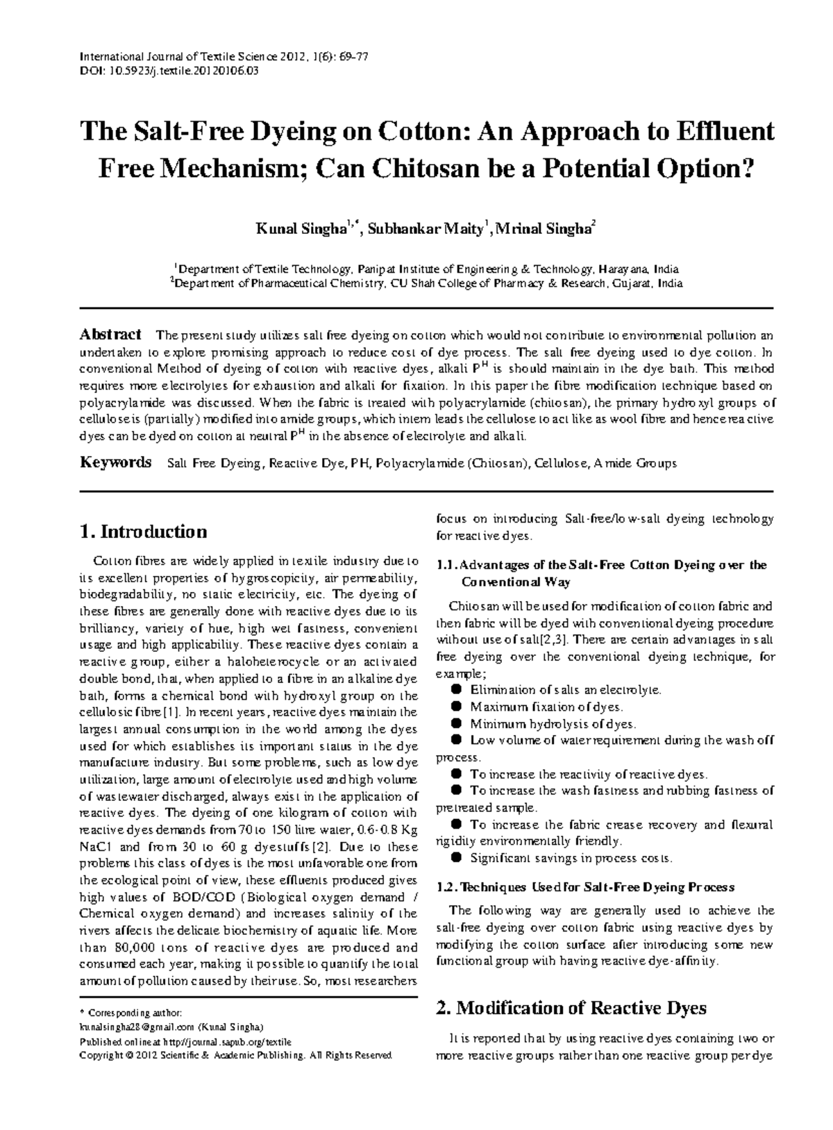 Salt-Free Dyeing on Cotton: Potential of Chitosan for Eco-Friendly ...
