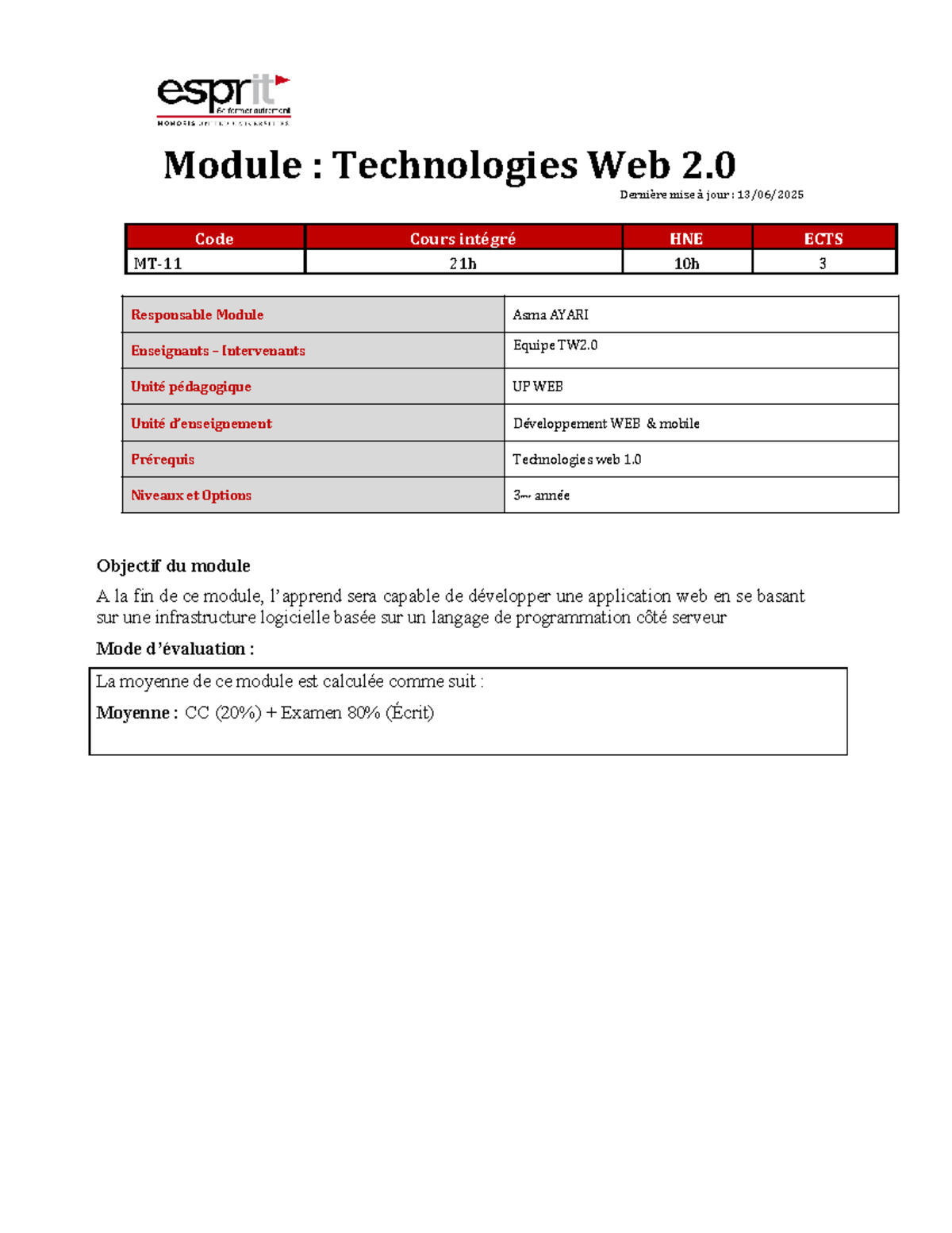 Fiche de Module : Technologies WEB 2.0 - Cours Intégré et Évaluation ...