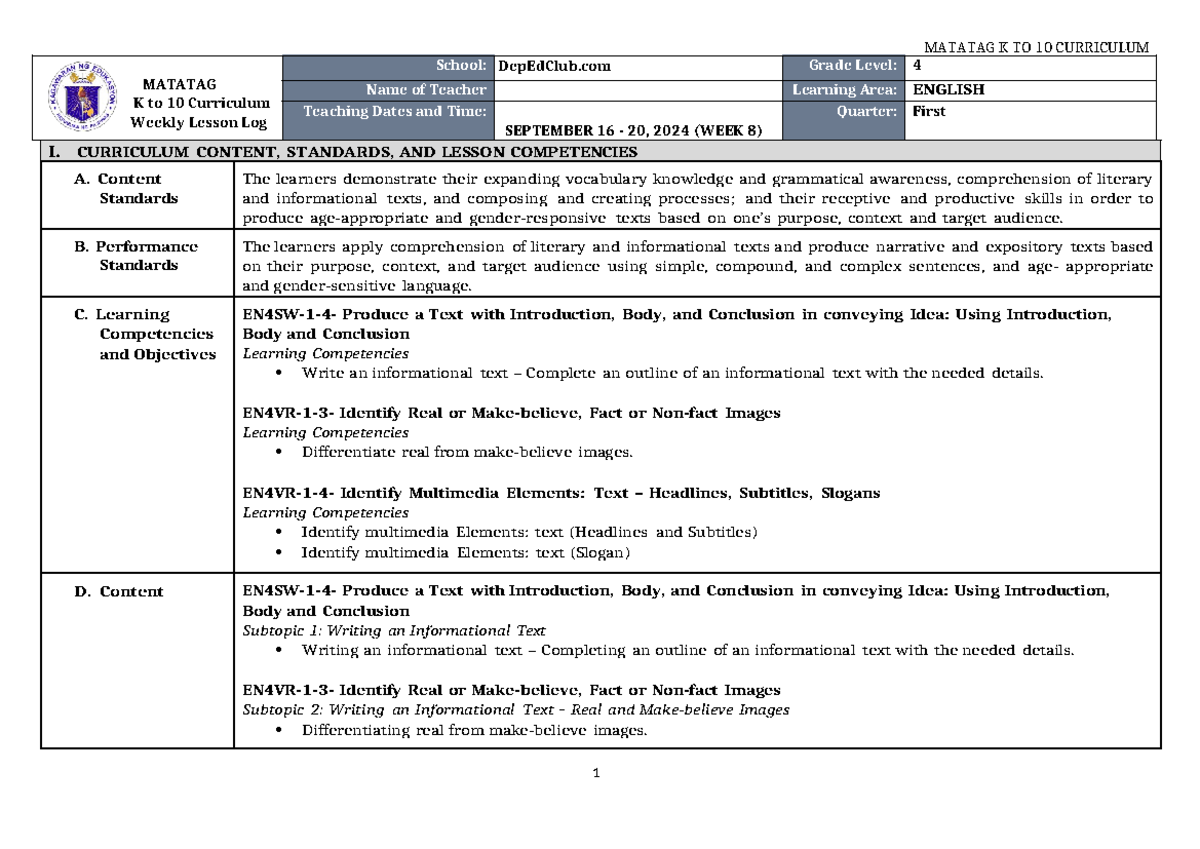 DLL Matatag English 4 Q1 W8 Weekly Lesson Log on Informational Texts ...