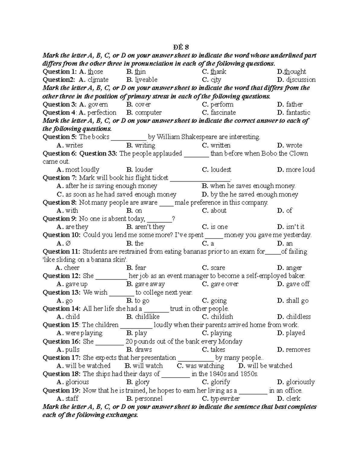 ĐỀ 8-10: Exam Preparation for Language Proficiency Tests - Studocu