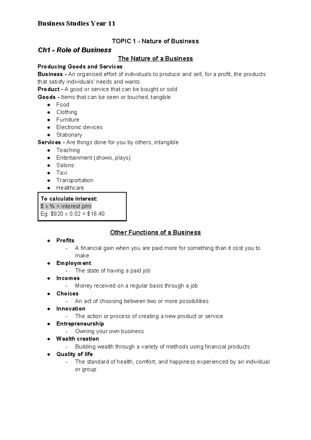 Business Studies Prelim Course Notes - TOPIC 1 - Nature of Business Ch1 ...