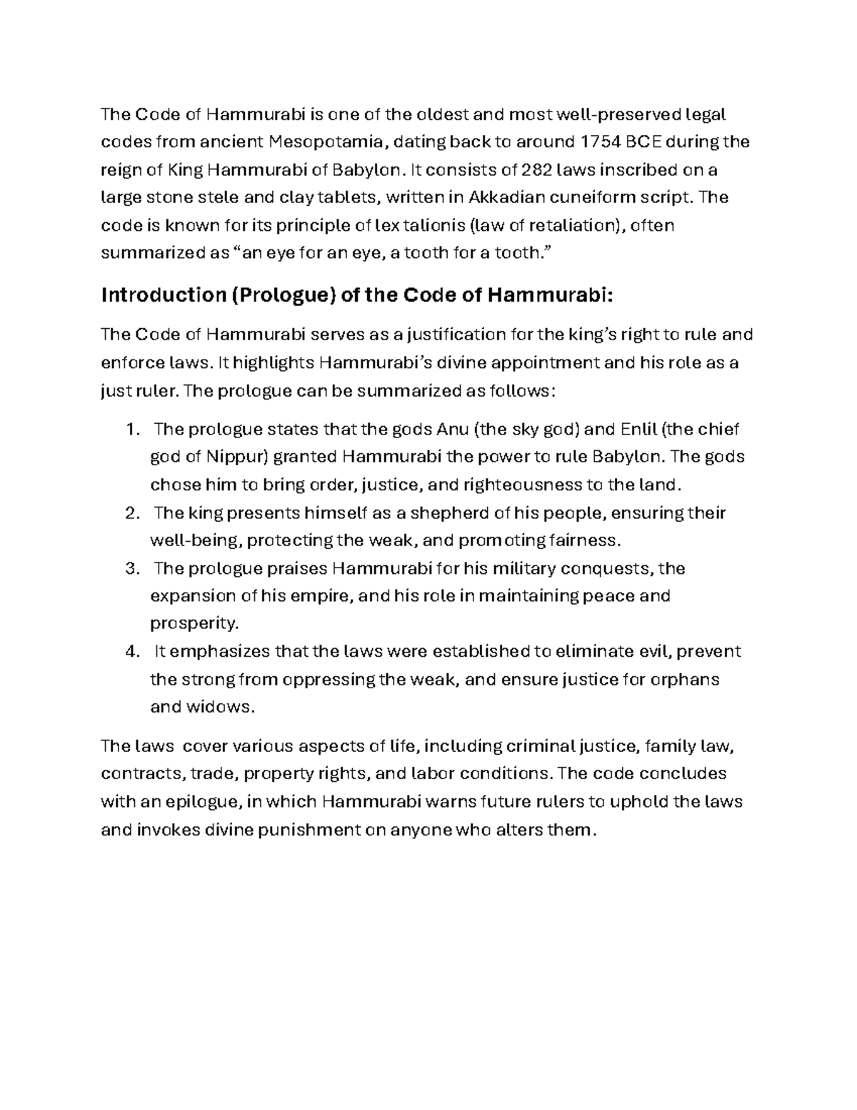 HIS 101: Summary of the Code of Hammurabi and Its Legal Principles ...