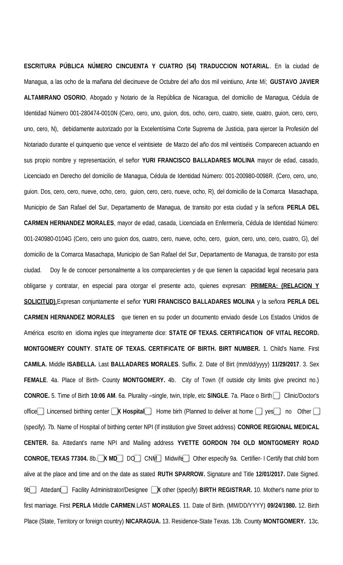 ESCRITURA PÚBLICA N° 54: TRADUCCIÓN NOTARIAL DE DOCUMENTO EXTRANJERO - Document Preview