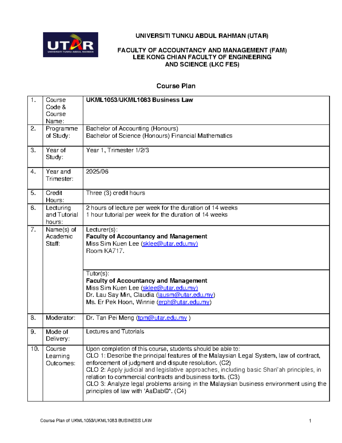 Course Plan for Business Law (MLS) - Year 1, Trimester 4 - Studocu