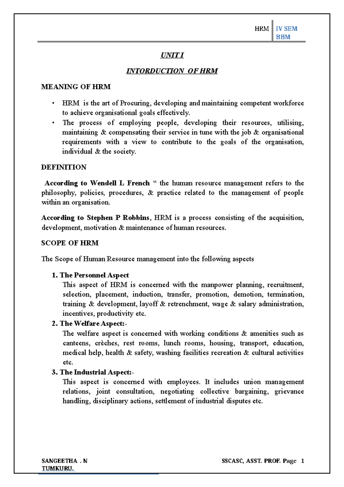 HRM IV SEM BBM UNIT I: Introduction to Human Resource Management - Studocu