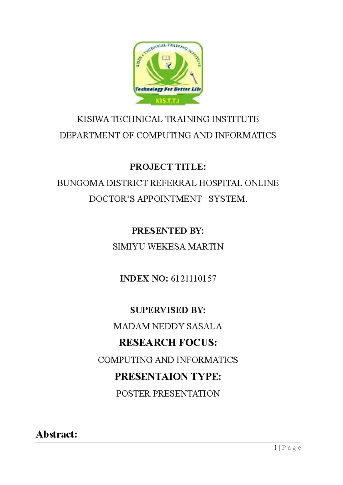 Project Abstract - KISIWA TECHNICAL TRAINING INSTITUTE DEPARTMENT OF ...