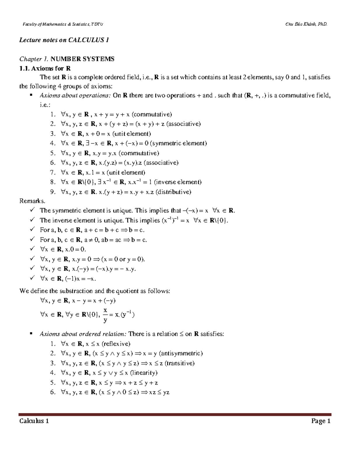 Lecture notes on Calculus 1 e - Lecture notes on CALCULUS 1 Chapter 1 ...