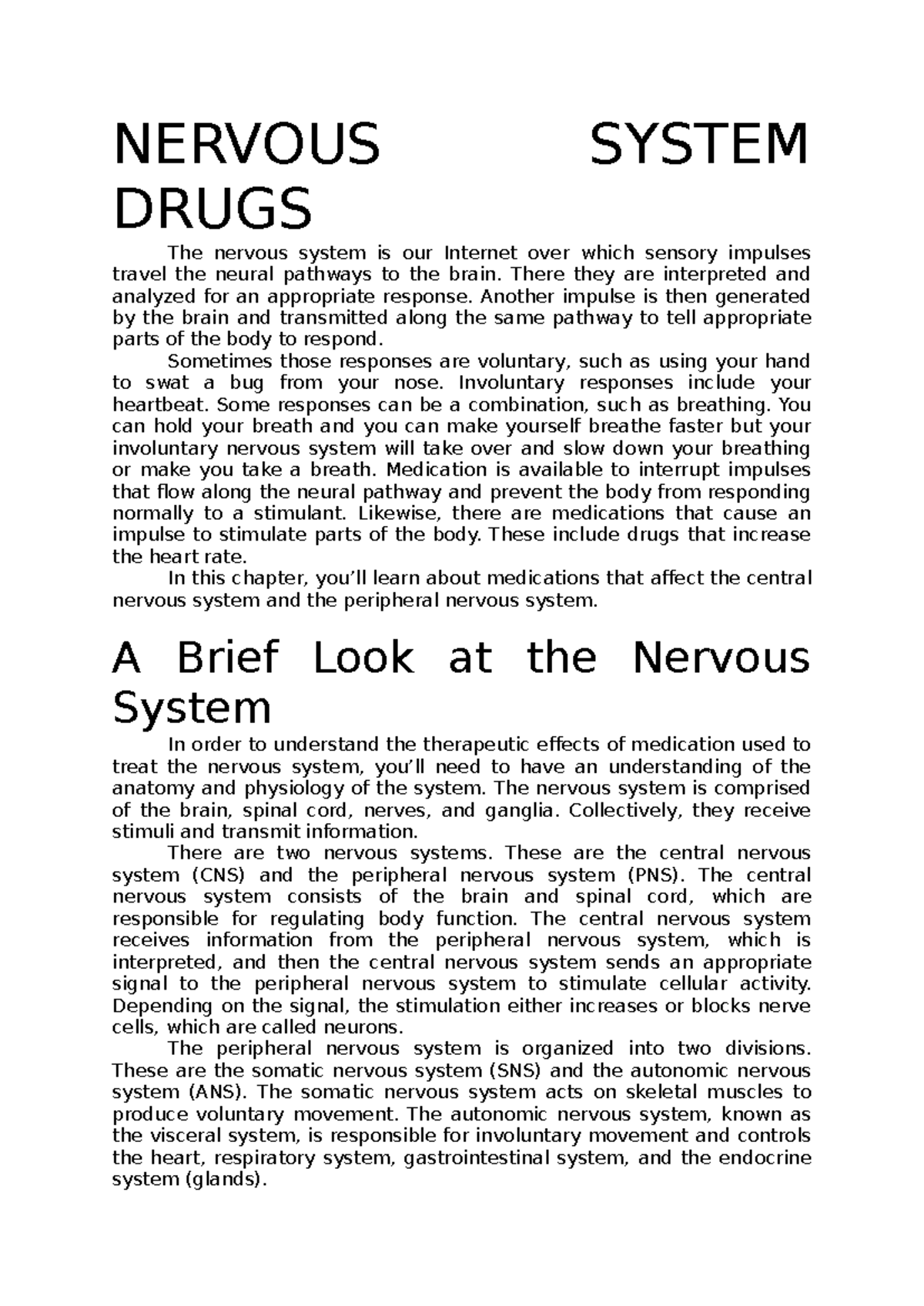 Final Exam Notes: CNS & PNS Medications and Functions - Studocu
