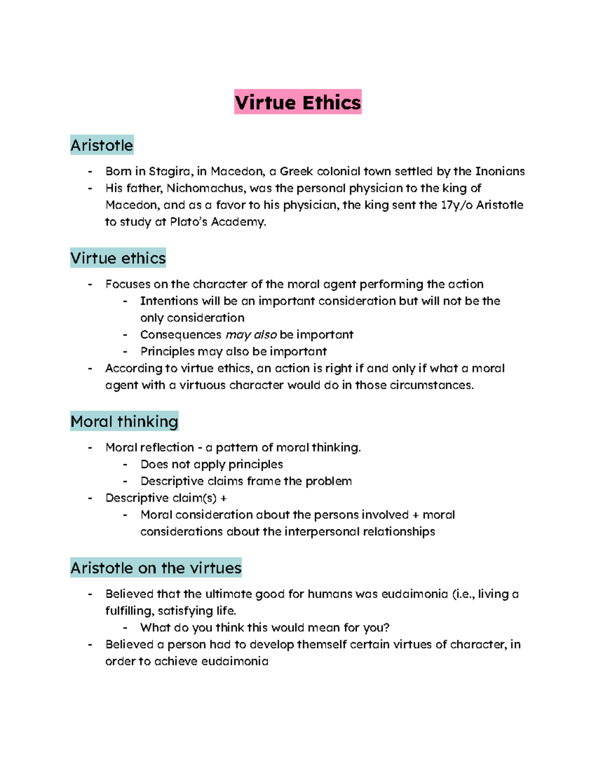 Virtue Ethics Overview with Aristotle - Phil 111 Lecture Notes - Studocu