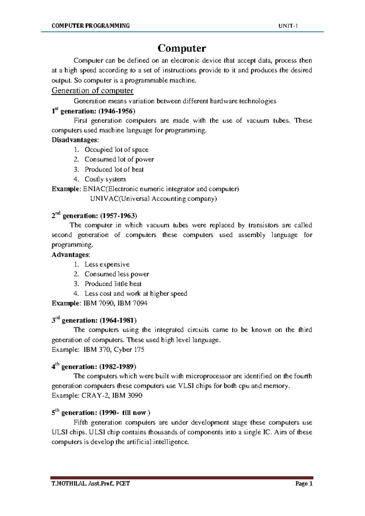 CP UNIT-1 - notes - Computer Computer can be defined on an electronic ...