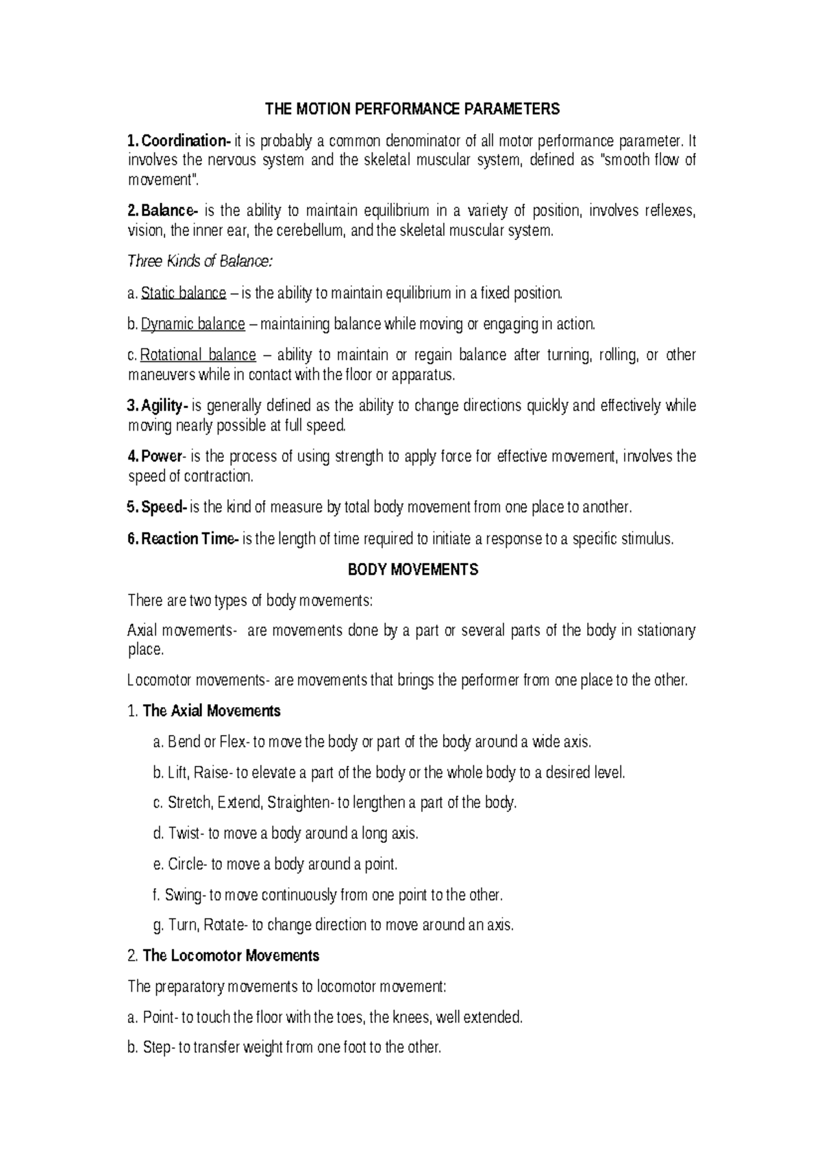 P.E 1 Motion Performance Parameters and Body Movements Guide - Studocu
