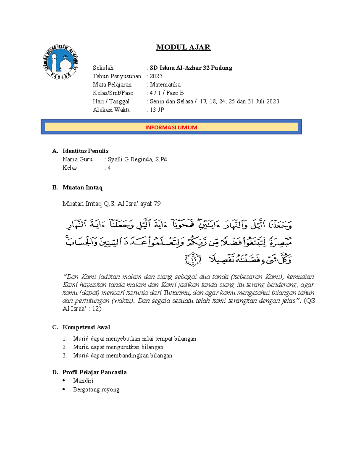 Modul Ajar Matematika Kelas 4: Nilai Tempat SD Islam Al-Azhar 32 - Studocu