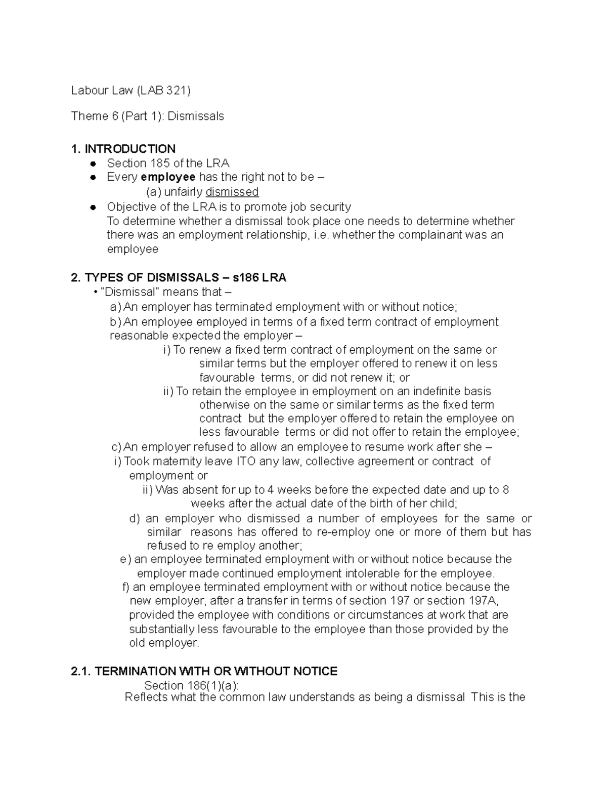 LAB 321 Lecture Notes: Theme 6 on Dismissals and Misconduct - Studocu
