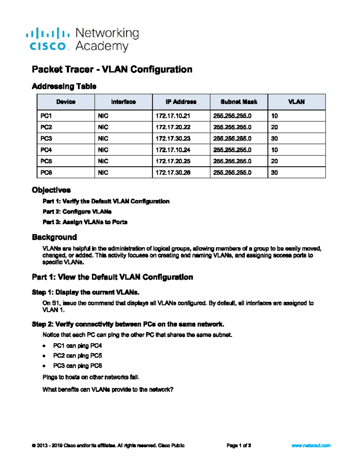 CISCO Academy Networking: Packet Tracer VLAN Config Tutorial - Studocu