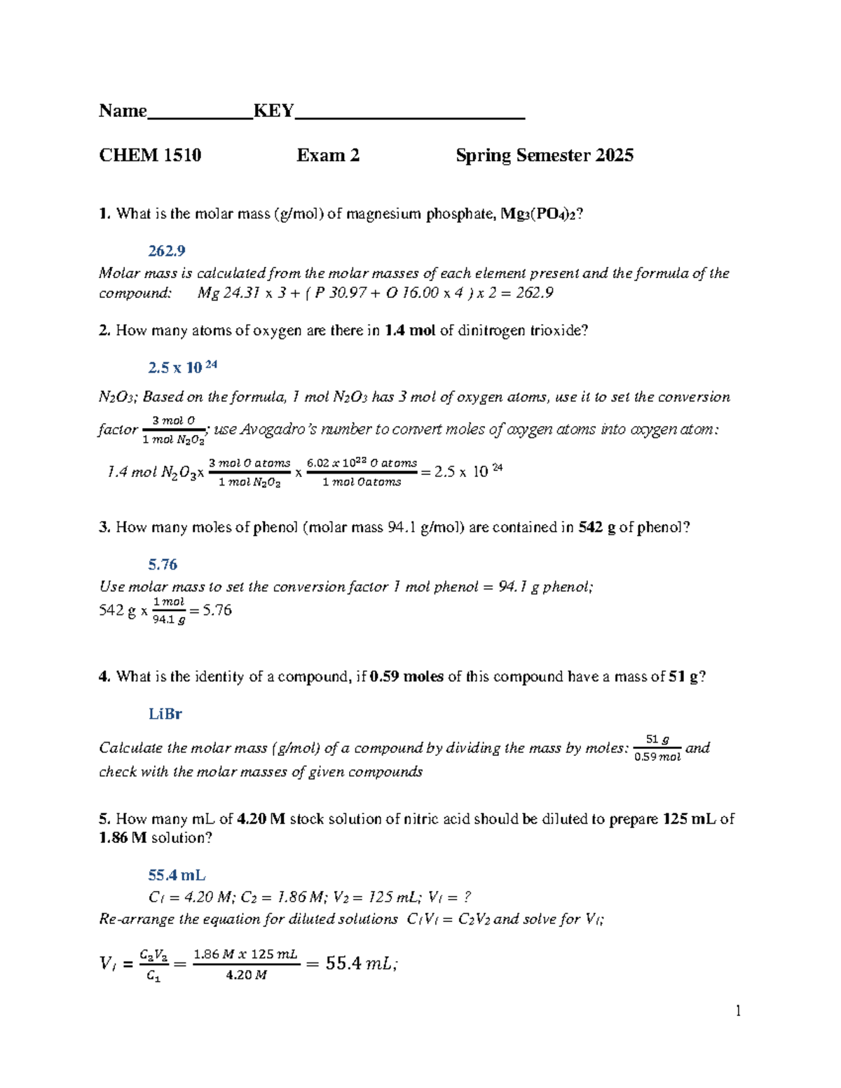 Chemistry 1510 Exam 2 Solutions - Spring 2025 Answer Key - Studocu