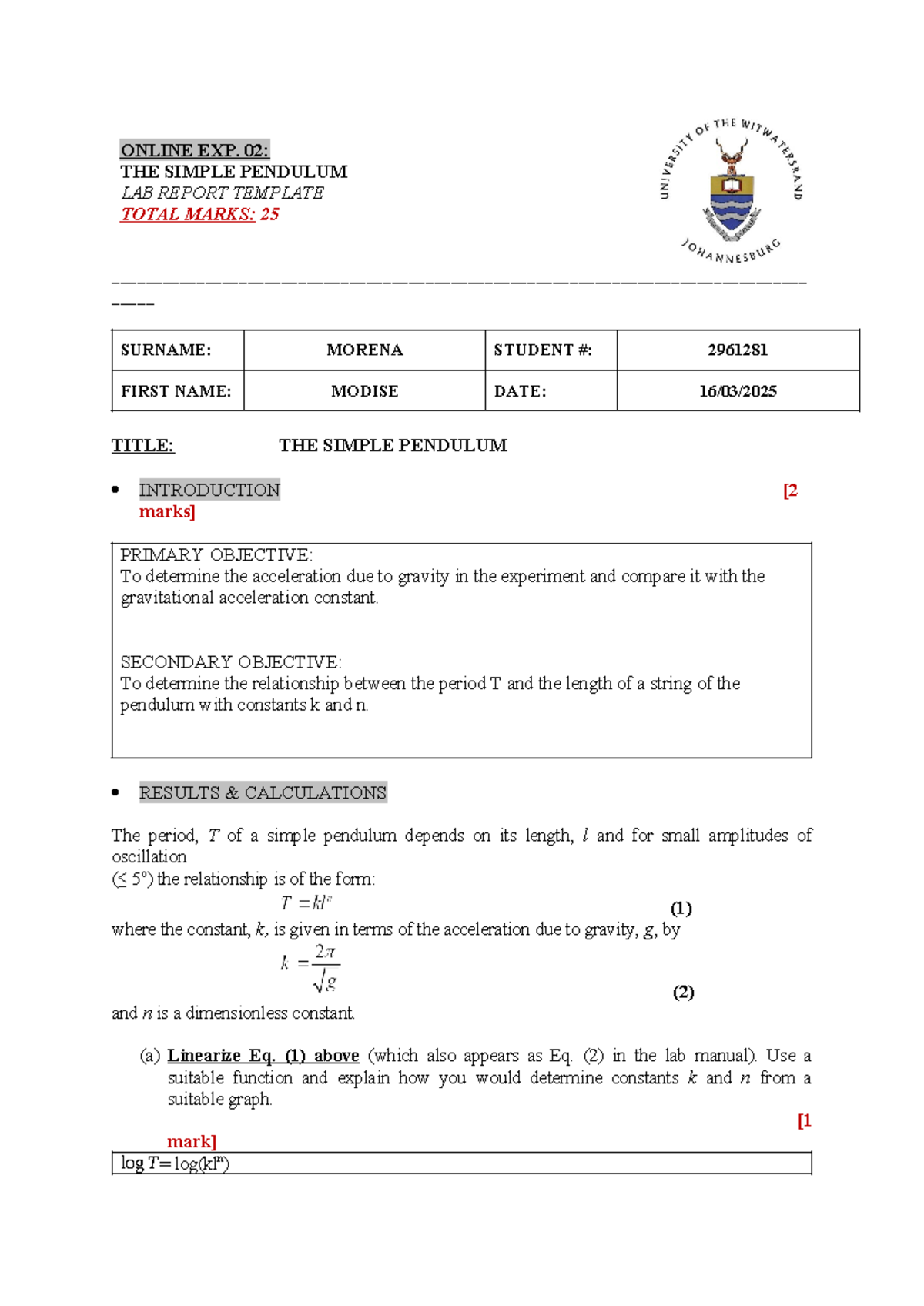 EXP2 Lab Report: Investigating the Simple Pendulum's Period and Gravity ...