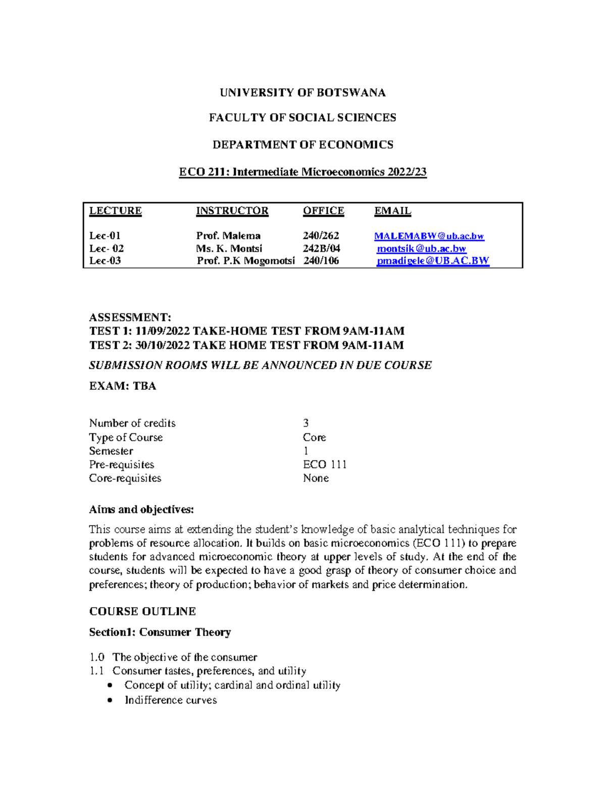 ECO 211: Intermediate Microeconomics Course Outline 2022 - Studocu