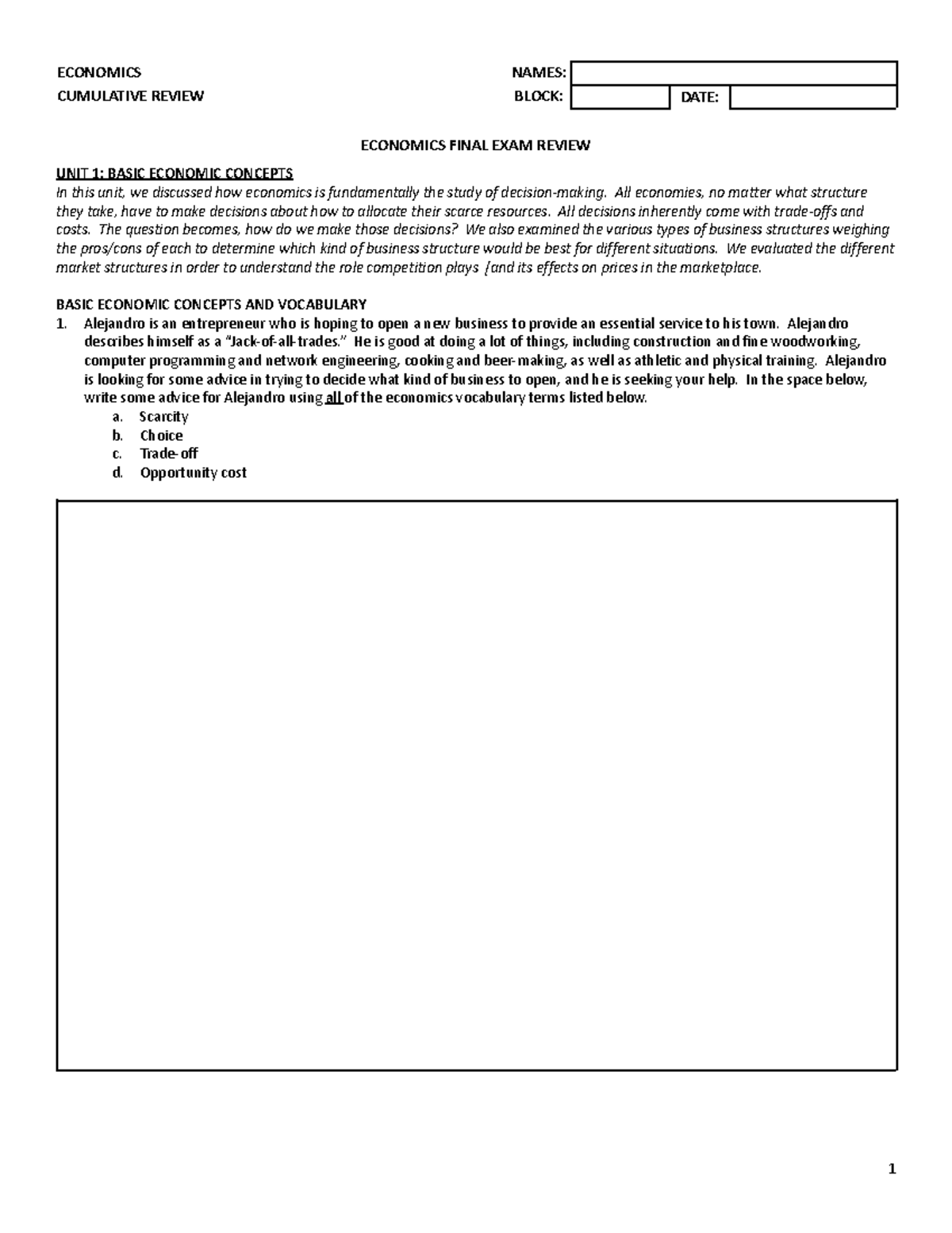 ECON 101 FINAL EXAM REVIEW: BASIC ECONOMIC CONCEPTS & SUPPLY/DEMAND ...