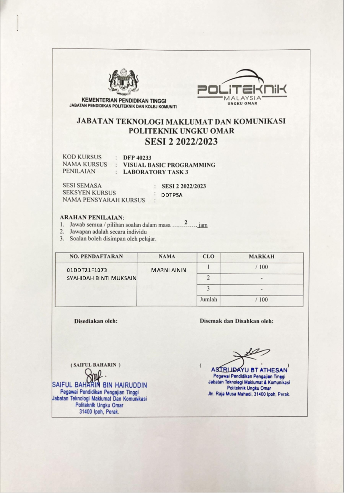 Laboratory Task 3 - DFP 40233 Visual Basic Programming Project - Studocu