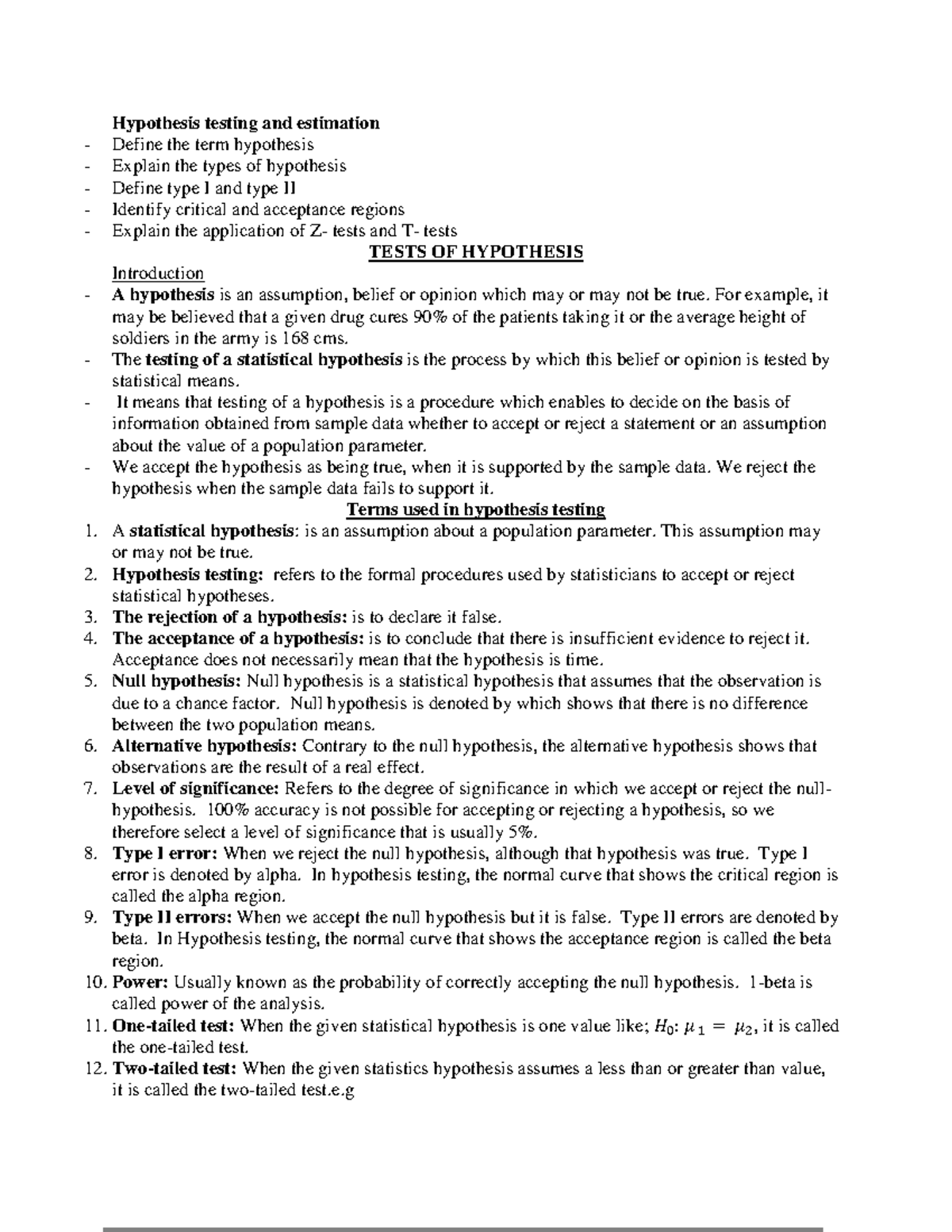 Hypothesis Testing and Estimation: Key Concepts and Errors - Studocu