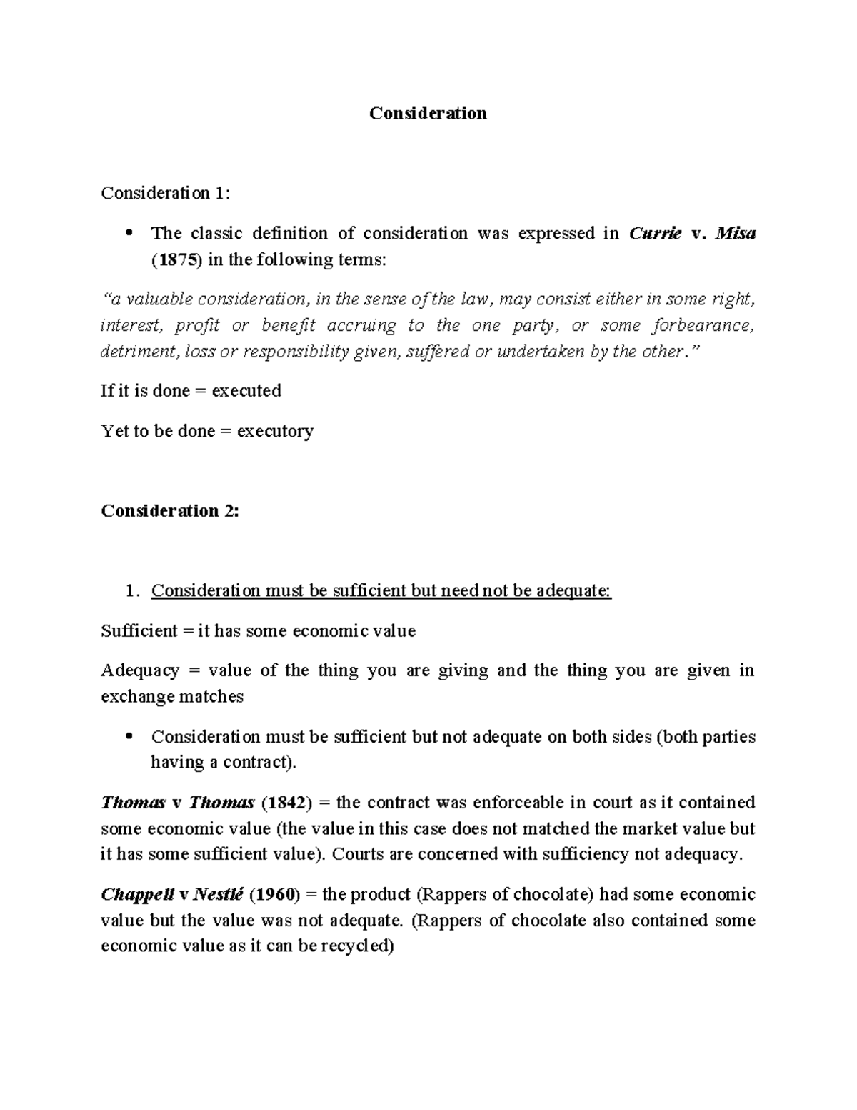 Class Notes on Consideration (Law 101) - Studocu
