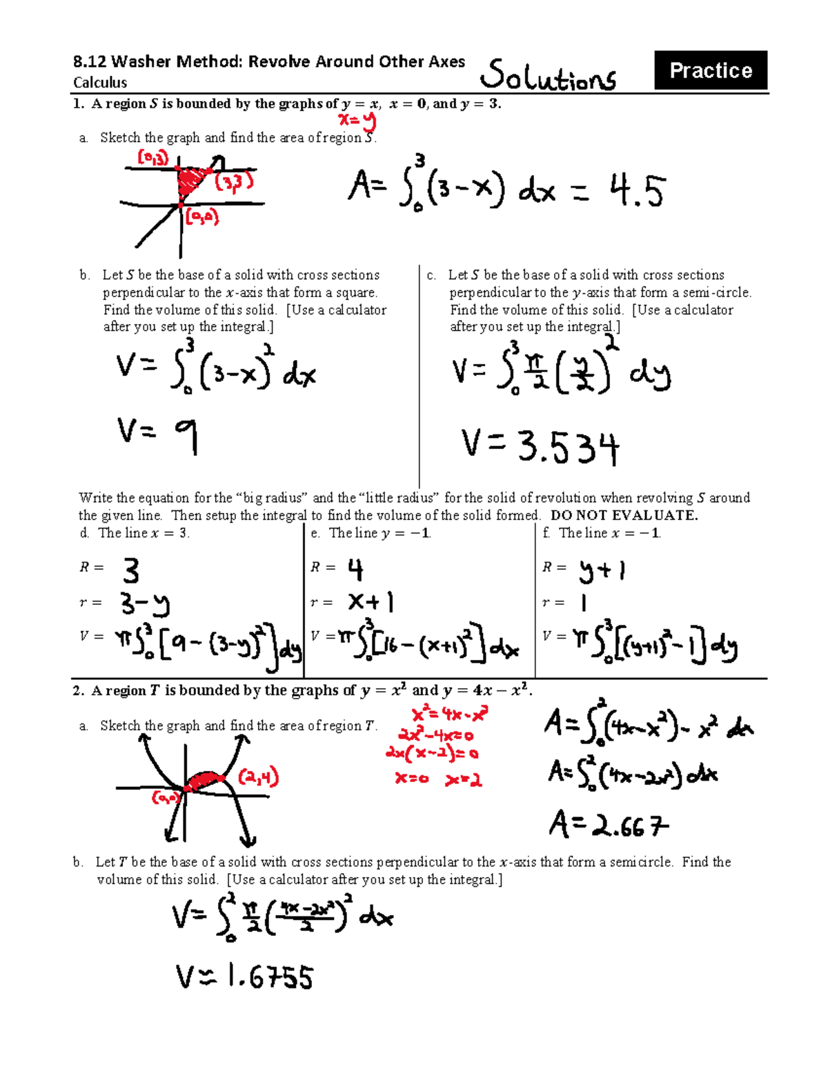8.12 Washer Method Practice: Volume & Area Calculus 1 Solutions - Studocu