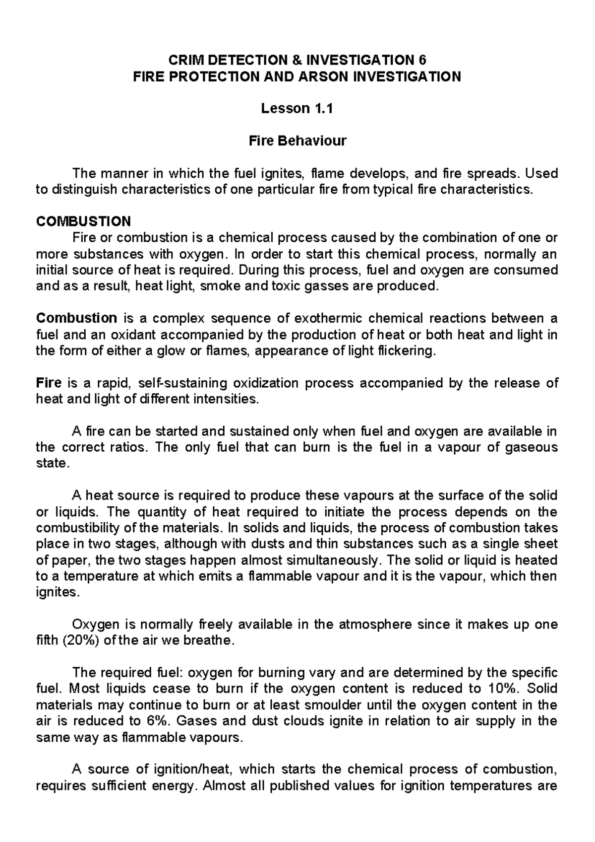 CDI-6 Fire Protection & Arson Investigation: Lesson 1.1 Fire Behavior ...