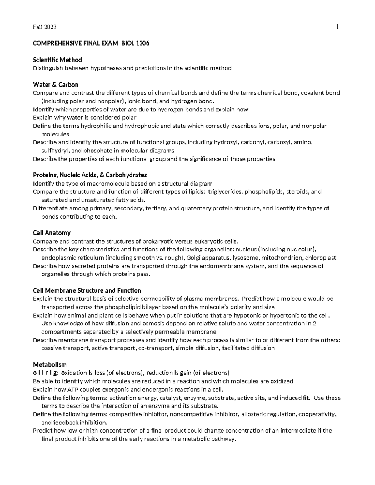 Comprehensive Final Exam Study Guide for BIOL 1306 - Studocu