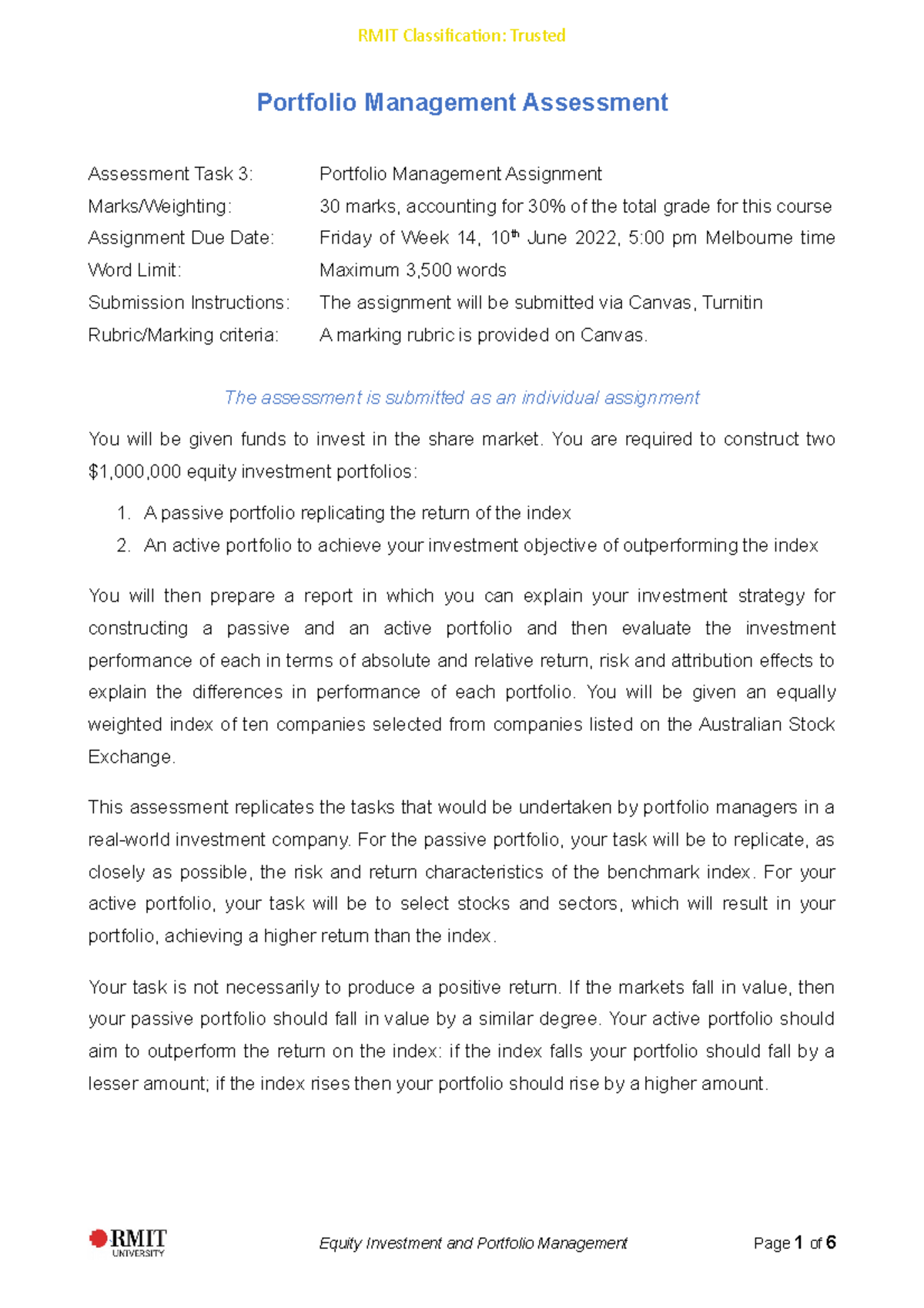 Portfolio Management Assignment (FIN 301) - Building Active and Passive ...
