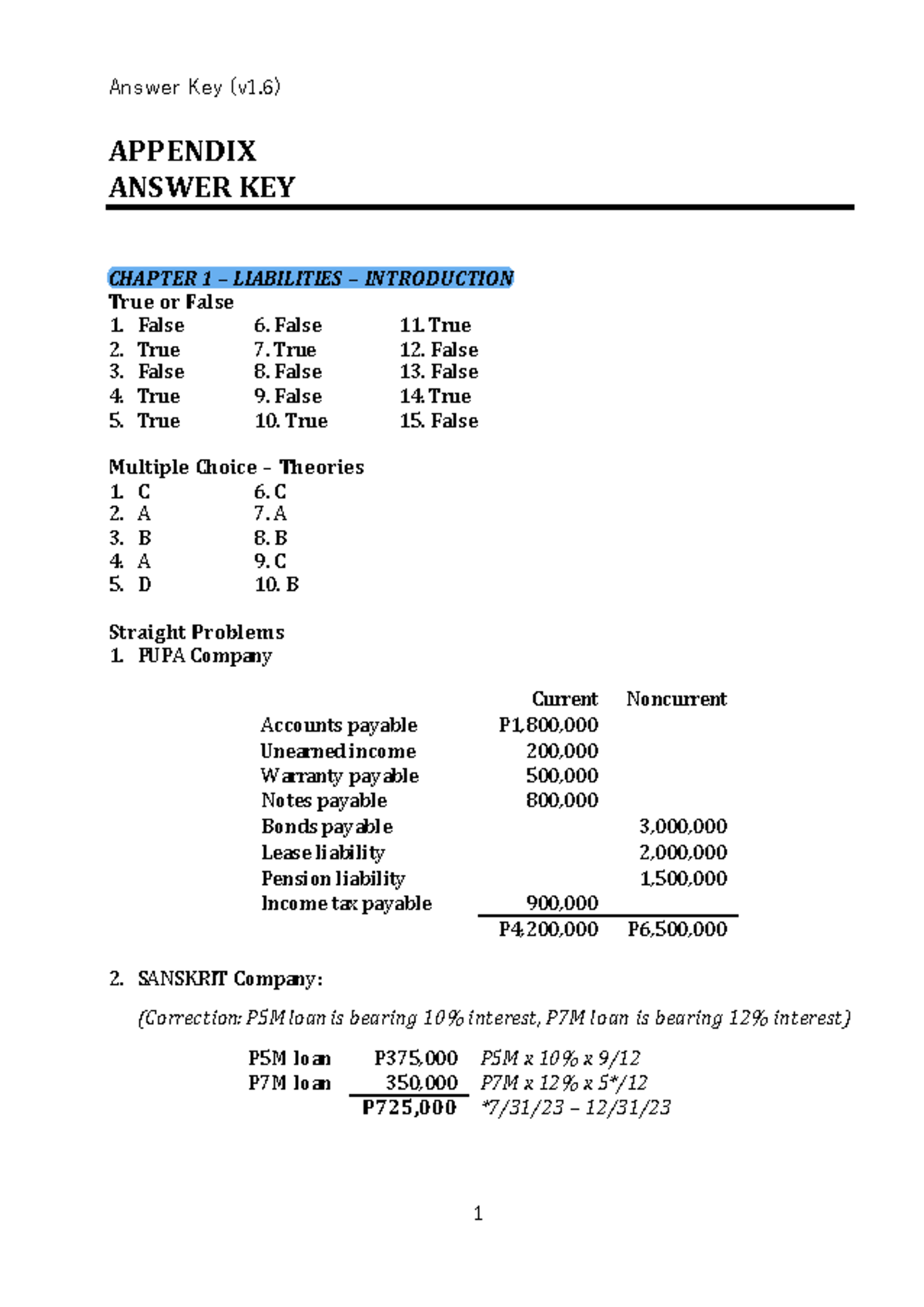 INTACC 2 Answer Key (v1.6) - Chapter 1 & 2 Liabilities - Document Preview