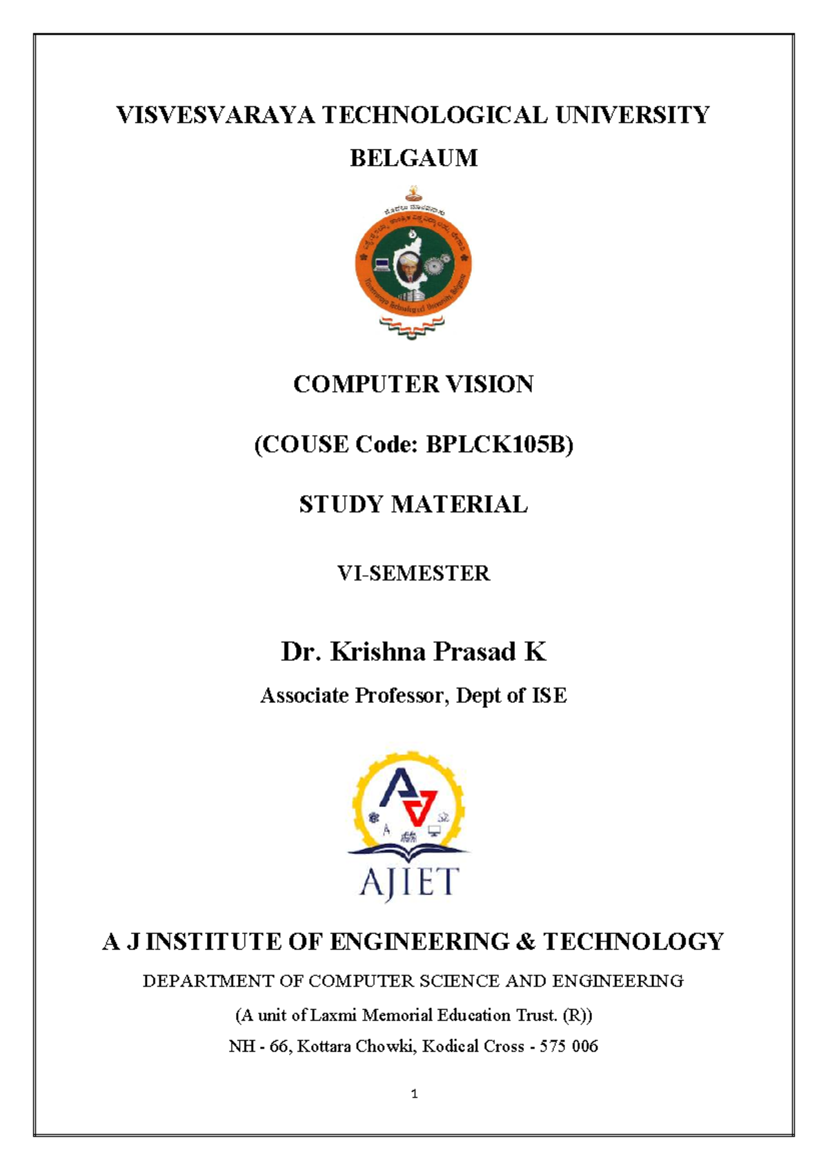 Computer Vision Study Material BCS613B: Key Concepts & Techniques - Studocu