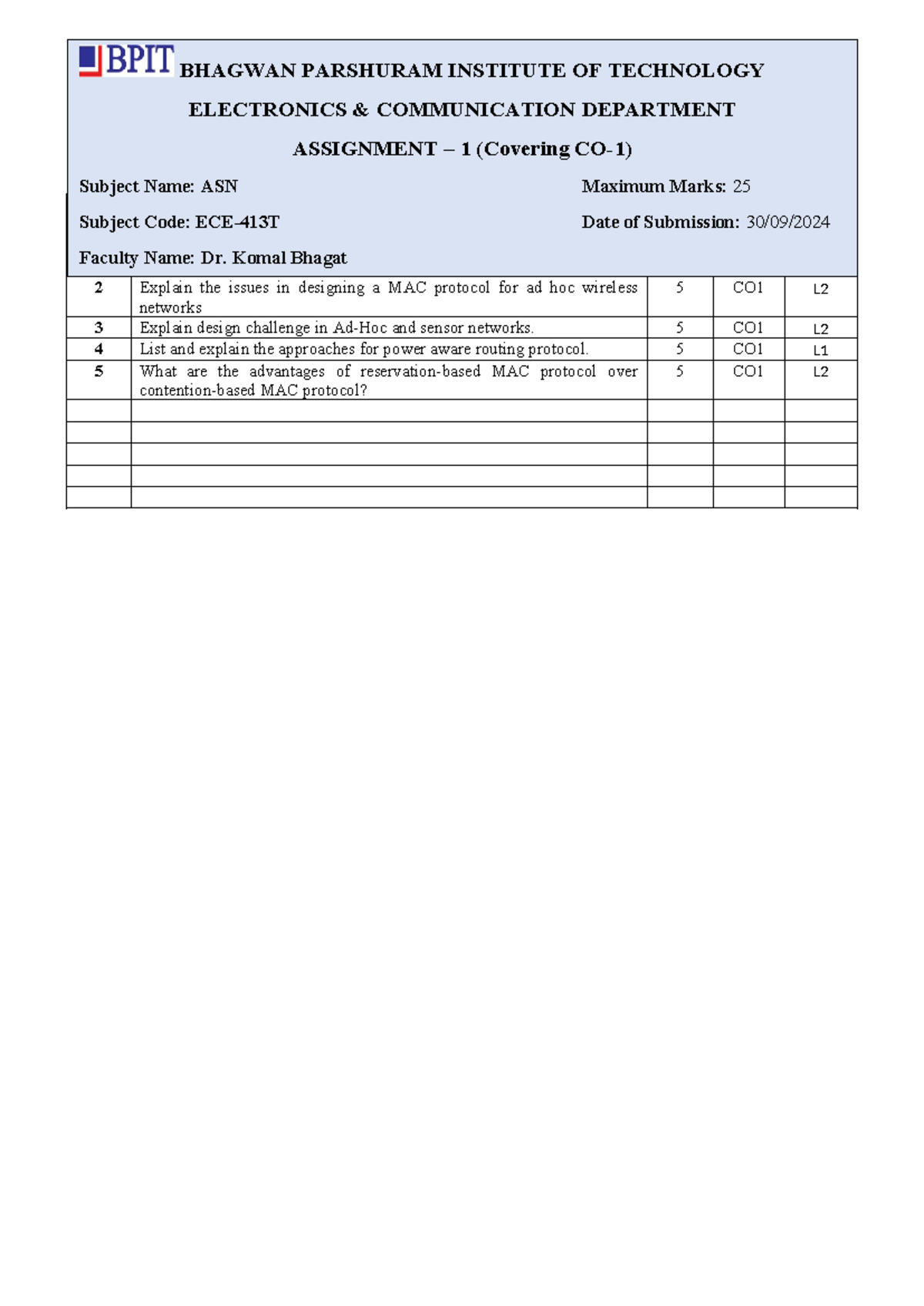 Assignment 1: Ad Hoc Networks - ECE-413T (Max Marks: 25) - Studocu