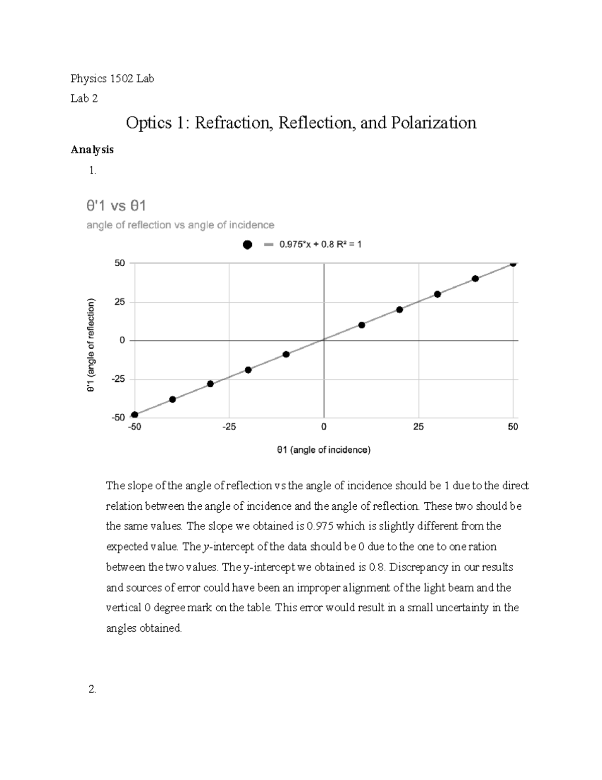 Physics 1502 Lab 2: Refraction, Reflection, and Polarization Analysis ...