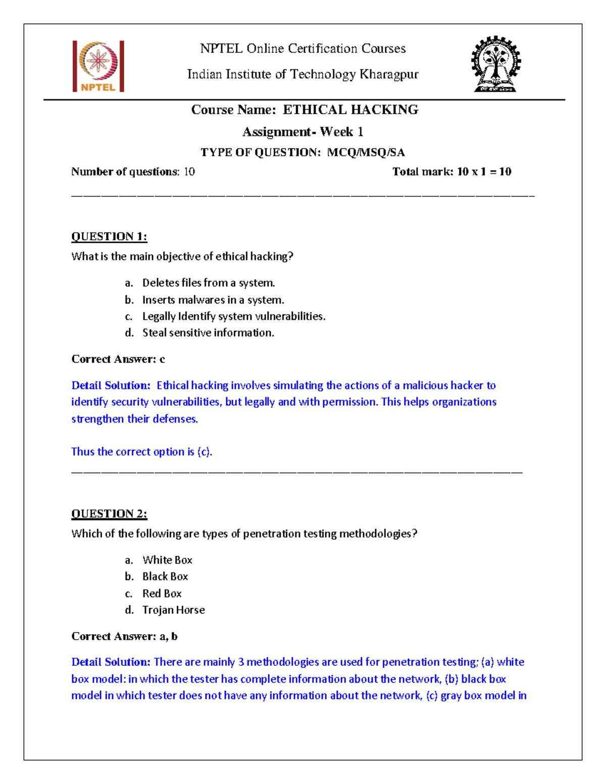 NPTEL Course: ETHICAL HACKING Week 1 Assignment 1 Solutions - Studocu