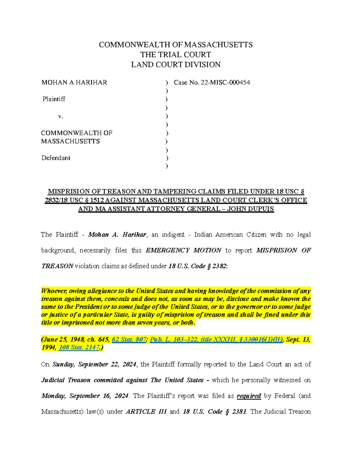 Emergency Motion Filing: Misprision of Treason & Tampering in MA Land ...