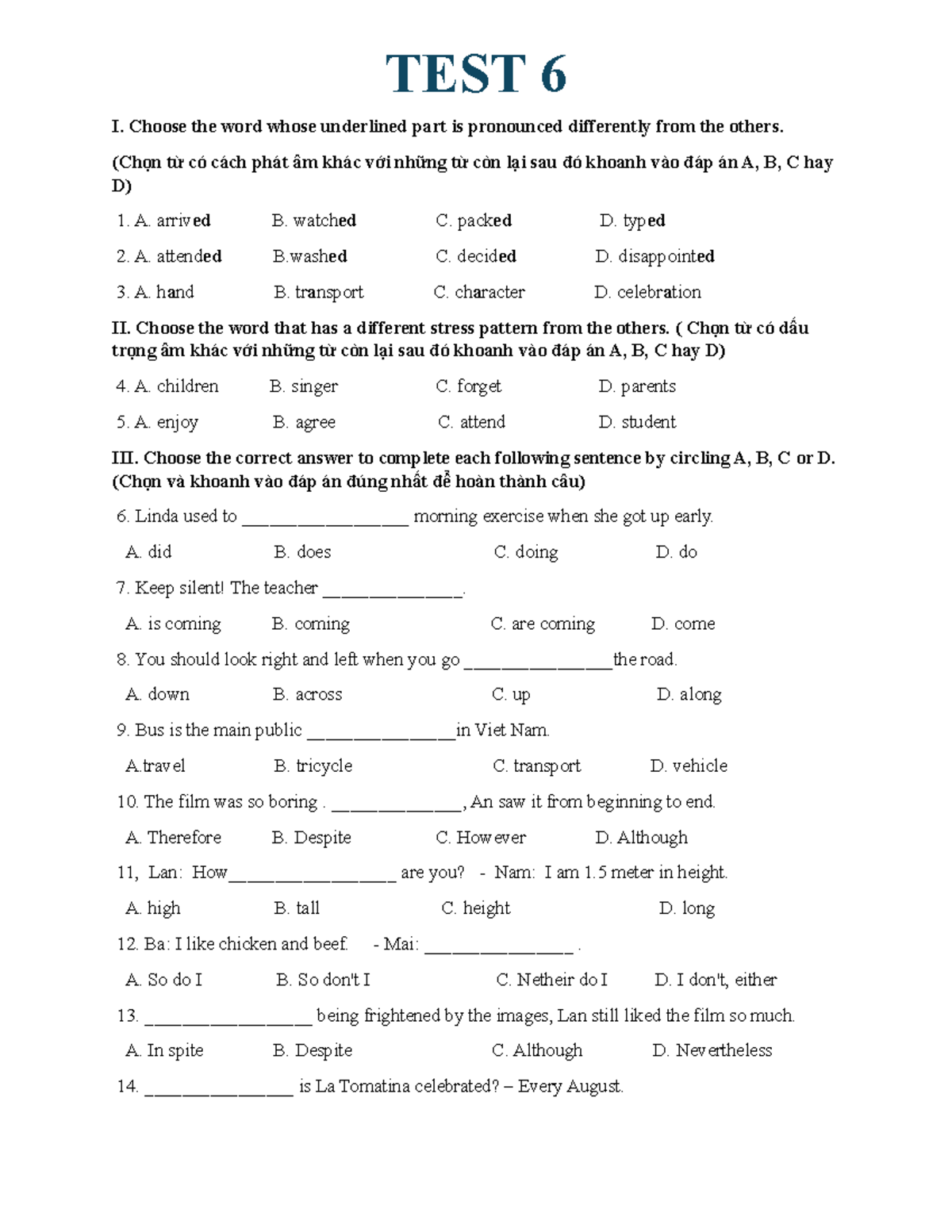 TEST 6 - Pronunciation, Stress Patterns, and Sentence Completion - Studocu