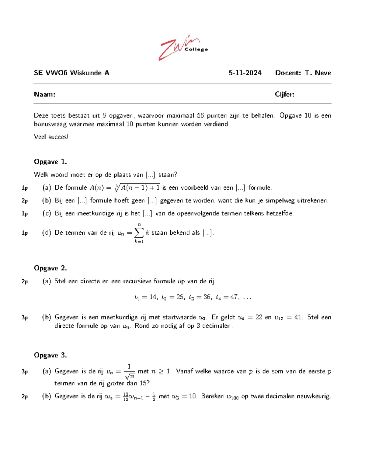 Oefen SE 1 VWO6 Wiskunde A - Toets met Opgaven en Formules - Studeersnel