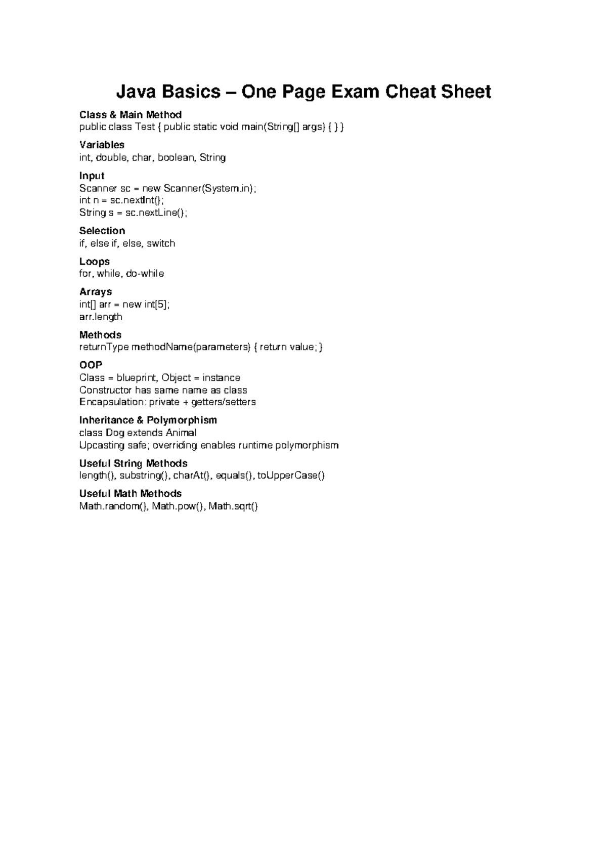 Java Basics One Page - Java Basics – One Page Exam Cheat Sheet Class ...