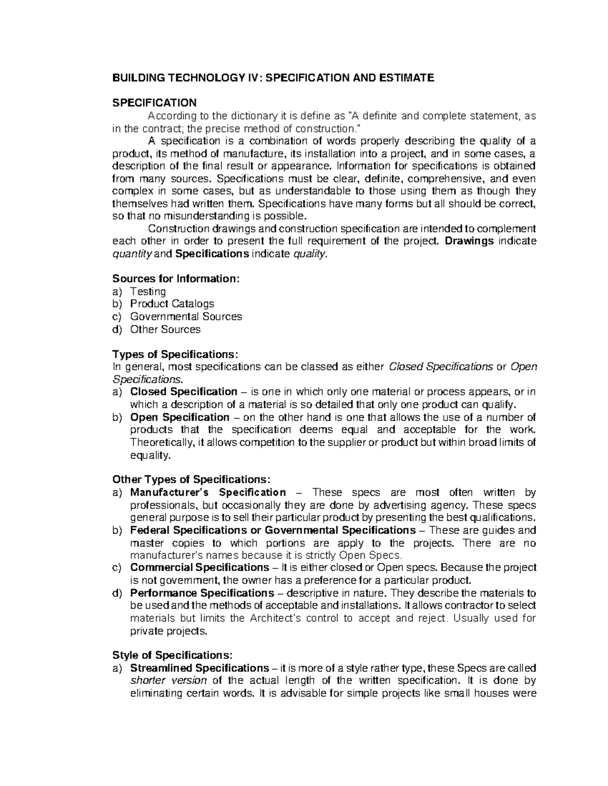 BUILDING TECHNOLOGY IV: SPECIFICATION & ESTIMATION GUIDE - Studocu